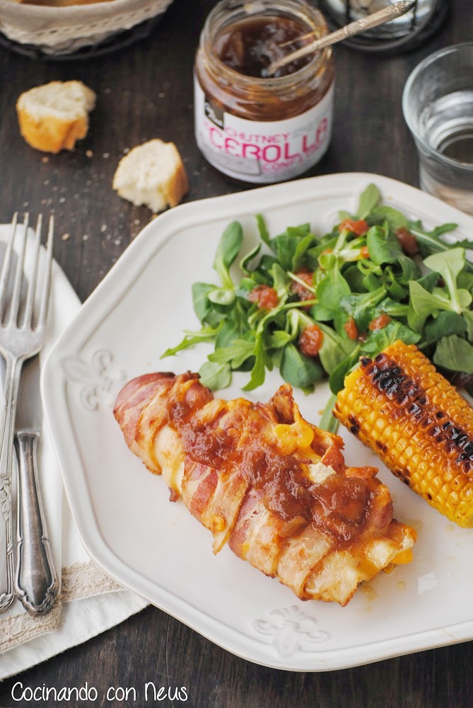 Pollo relleno de queso envuelto con beicon y chutney de cebolla caramelizada de Can Bech-cocinando-con-neus